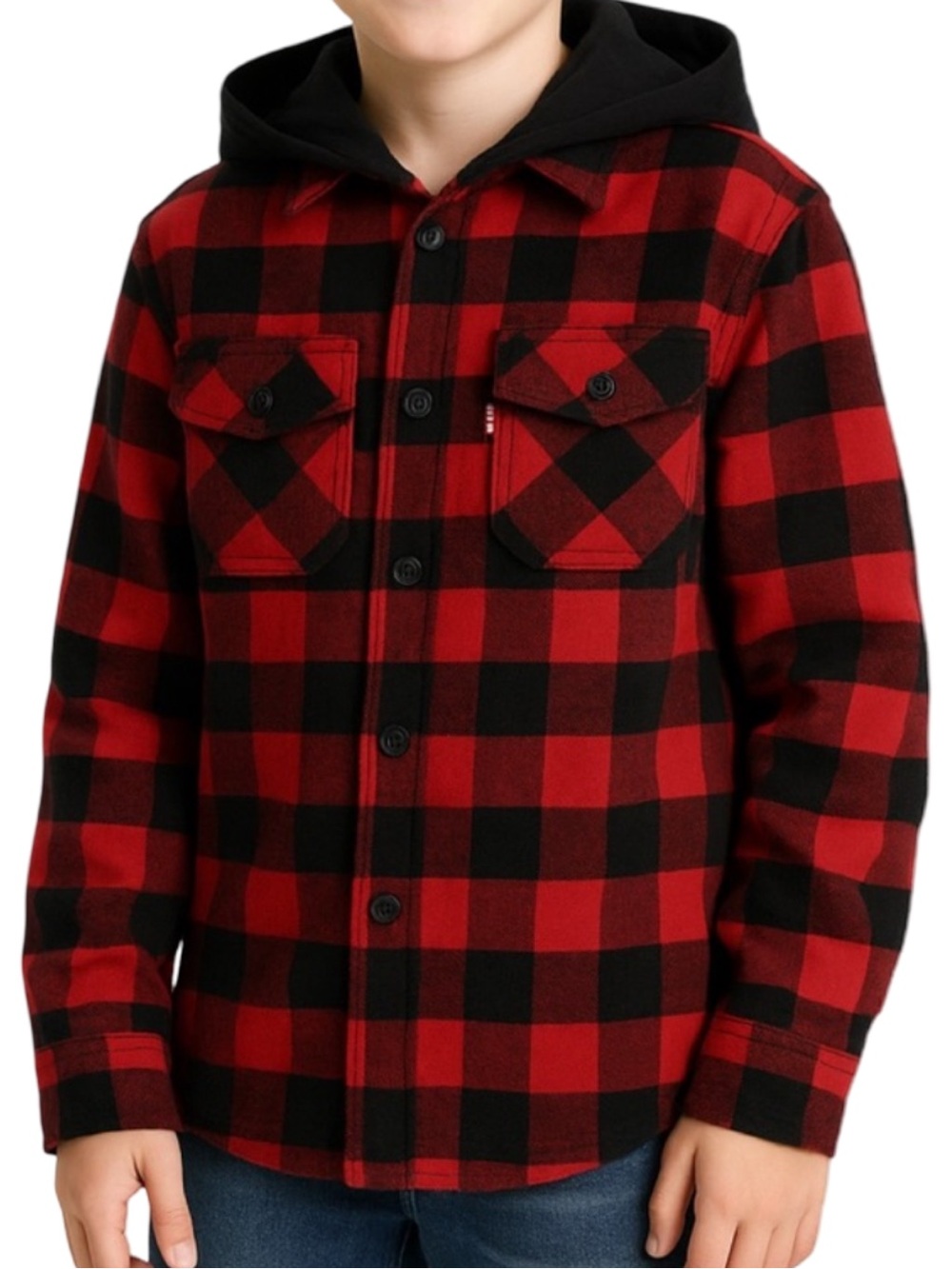 Levi’s Boys 10/12 Red Black Buffalo Plaid Hooded Button Down Shirt Jacket NWT